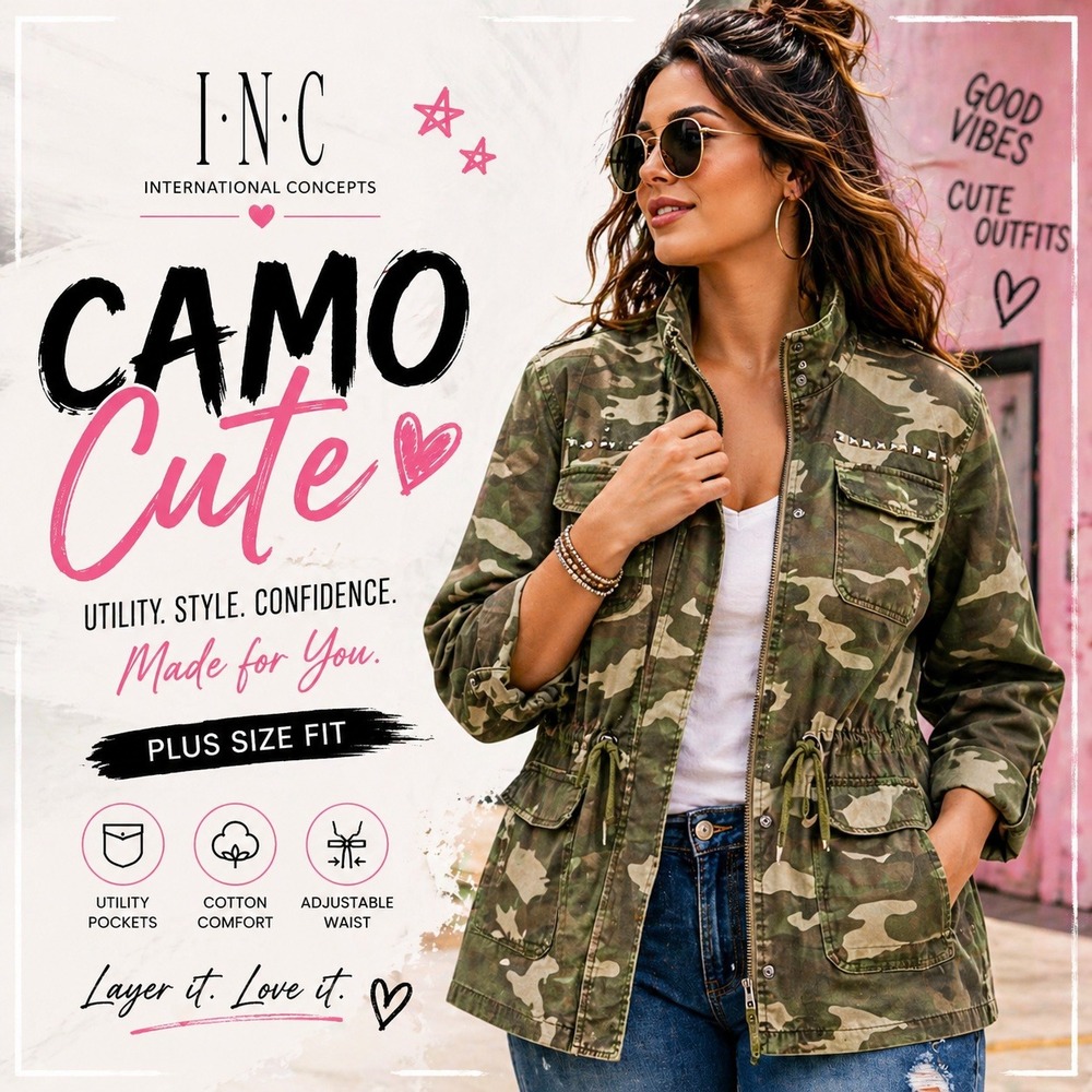 INC International Concepts Plus Size Camo Jacket Utility Military Style Zip Up